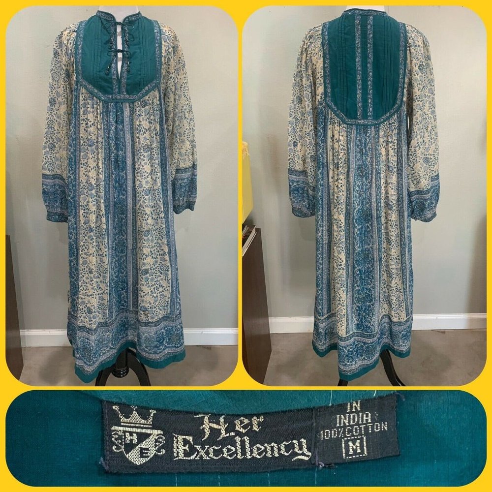 Vintage 70s Bohemian Green/Teal Indian Sheer Gauze Floral Block Print Dress
